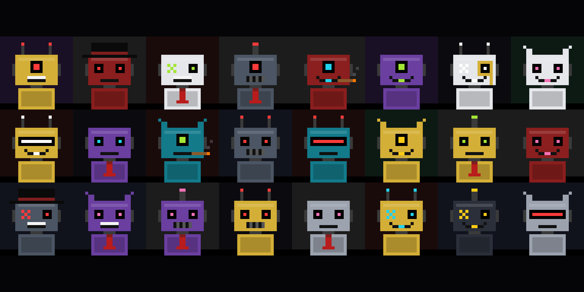 A grid of 24 Noir Brokers pixel robots rendered straight from the contract